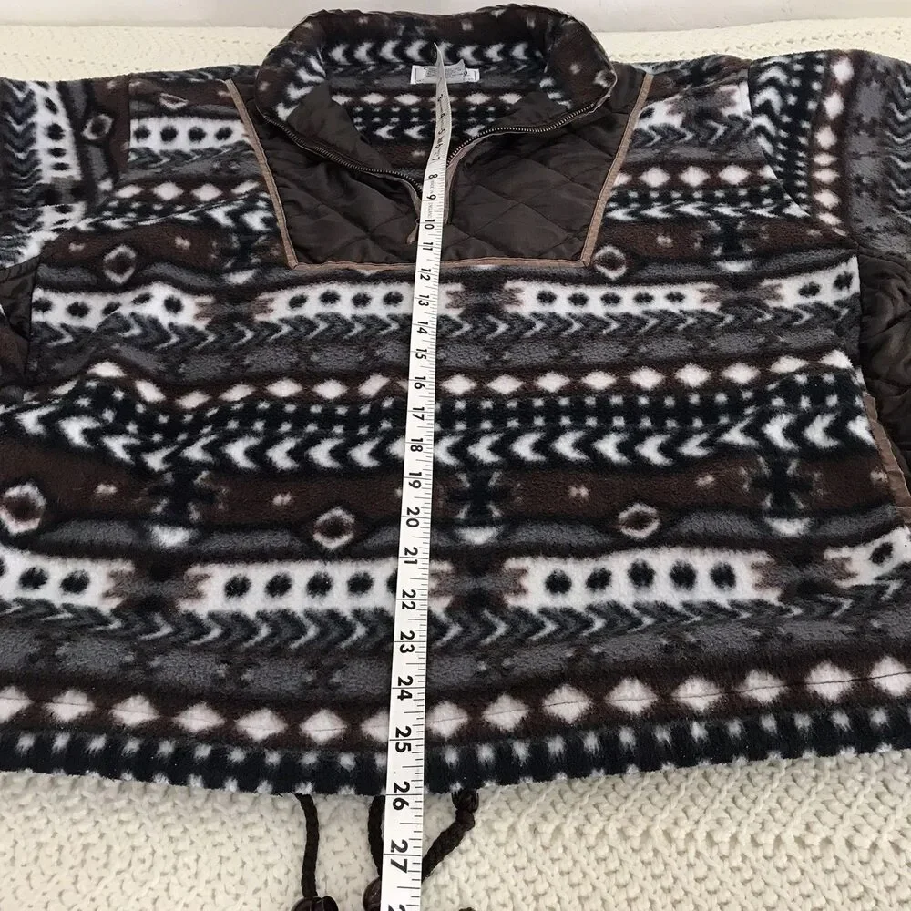 Aztec Patterned Fleece Pullover Women’s L Brown 1/4 Zip Cinch Waist
